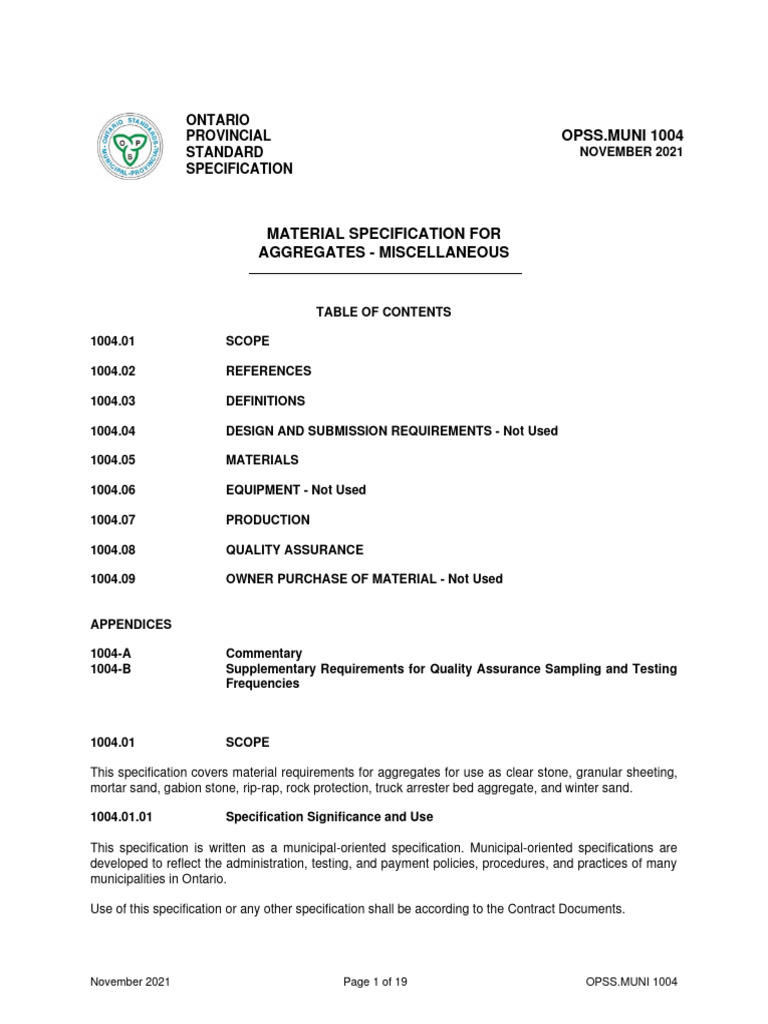 OPSS.MUNI 1004: Aggregate Specifications | PDF | Construction Aggregate ...