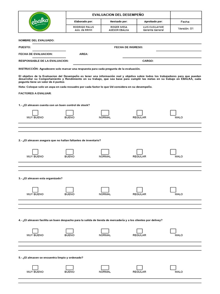 Formato de Registro de La Evaluación Del Desempeño EBALKA ALMACEN ...
