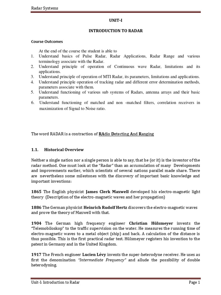 UnitI Introduction To Radar PDF Radar Antenna (Radio)