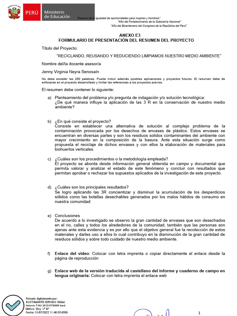 3 Anexo E3 Resumen Proyecto - Recicla y Rehusa | PDF | Residuos