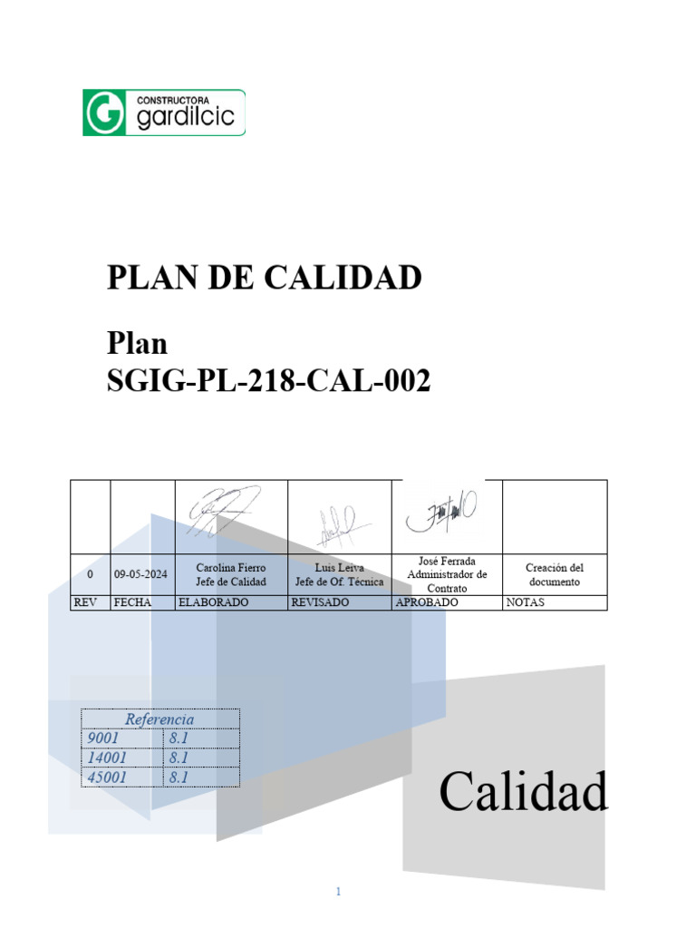 SGIG-PL-218-CAL-002 Plan de Calidad | PDF | Calidad (comercial) | Auditoría