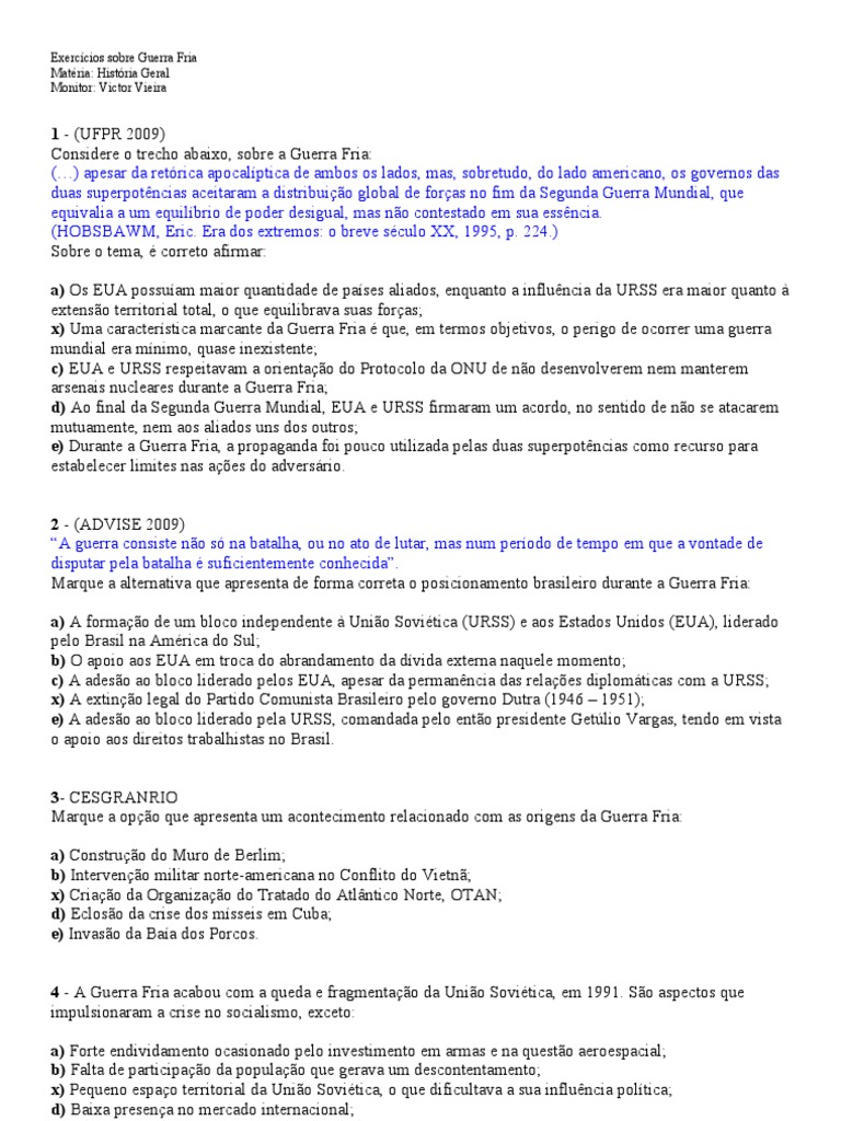 Lista de Exercícios Sobre Guerra Fria | PDF | Guerra Fria | União Soviética