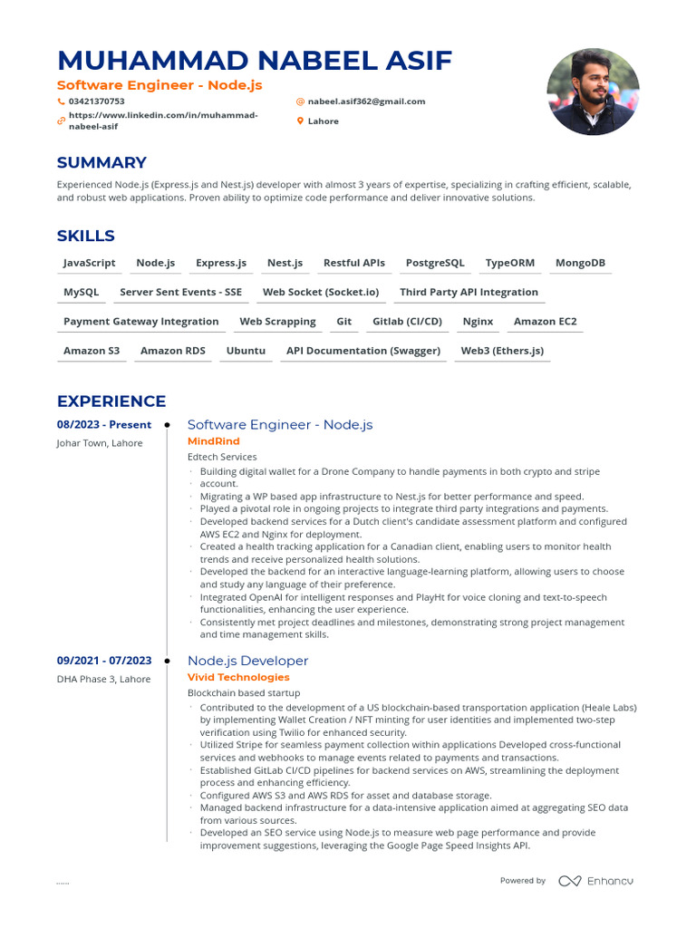 Node.js Developer Resume - Muhammad Nabeel | PDF | Amazon Web Services |  Software