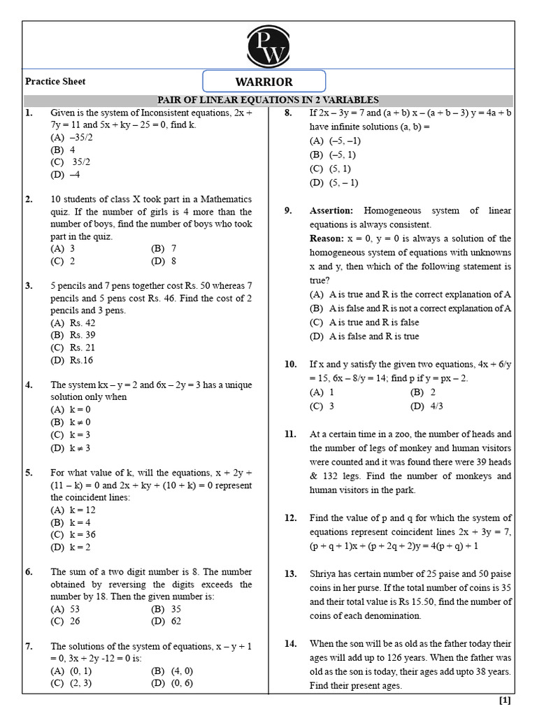 Pair of linear equations in 2 variables practice sheet pdf pdf