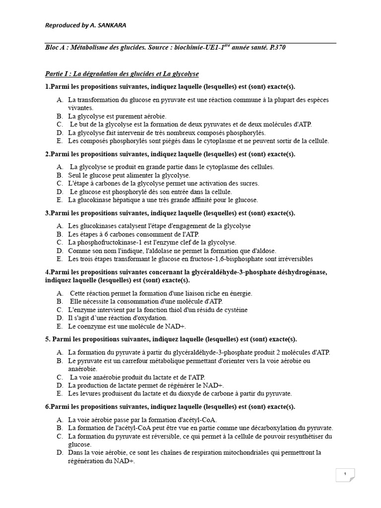 QCM Corrigé Métabolisme Glucide Et Lipide | PDF | Glycolyse | Chimie