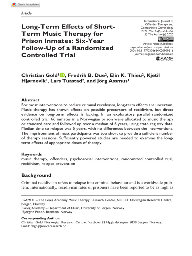 Long-Term Music Therapy Effects on Inmates | PDF | Randomized ...