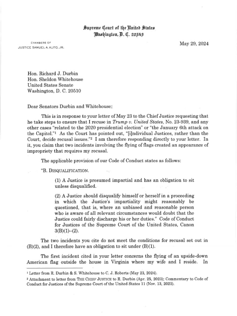 Letter From Justice Alito To Senators Durbin and Whitehouse | PDF
