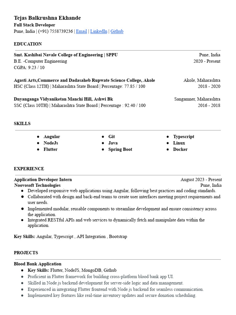 Tejas Ekhande: Full Stack Developer Profile | PDF | Software ...