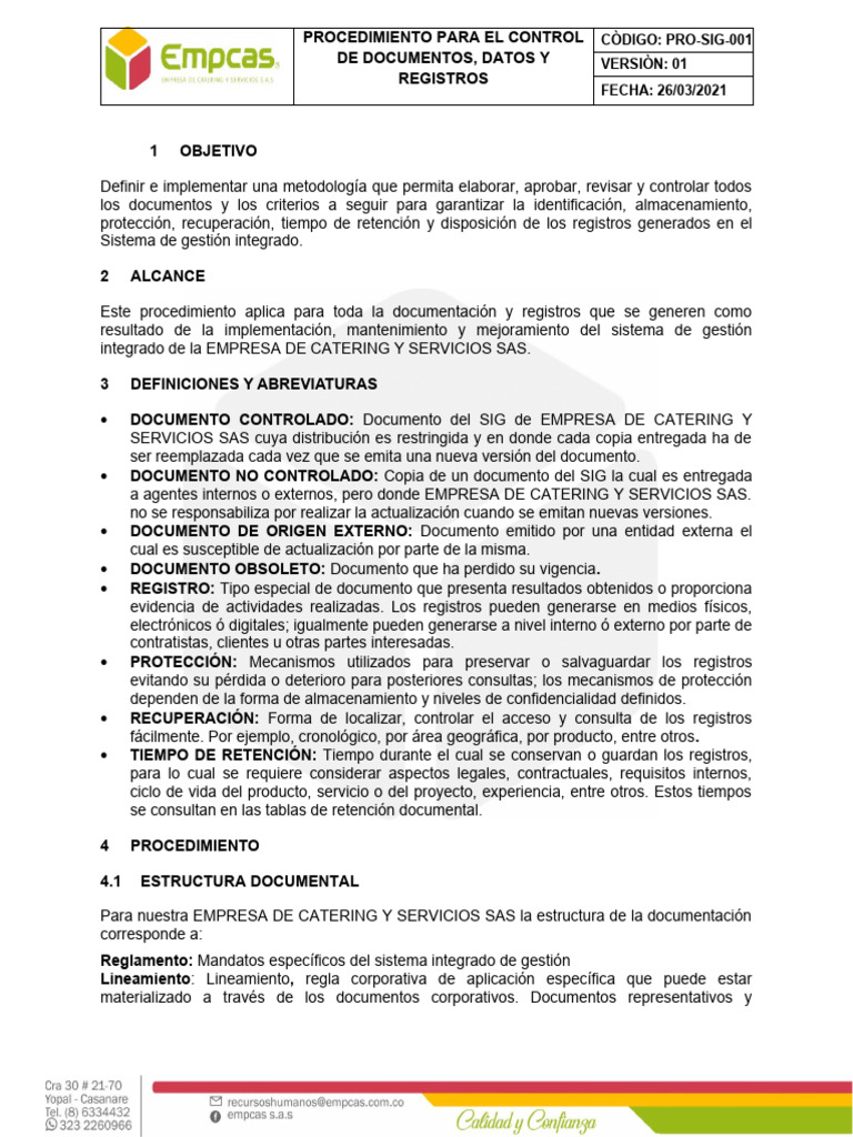 PRO-SIG-001 PROCEDIMIENTO CONTROL DE DOCUMENTACION Y REGISTRO Ok | PDF ...