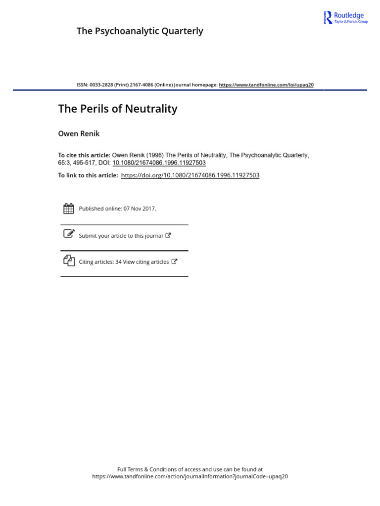 The Perils of Neutrality - Renik | PDF | Psychoanalysis | Id