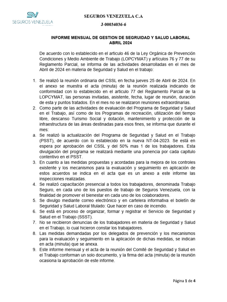 Informe Mensual de Seguridad Laboral abril 2024 | PDF | Seguridad y ...