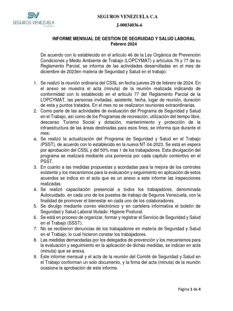 Informe Mensual de Seguridad Laboral Feb 2024 | PDF | Seguridad y salud ...