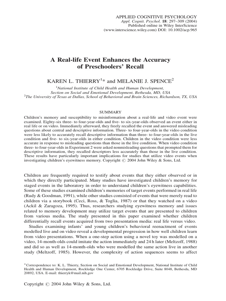 A Real-Life Event Enhances The Accuracy of Preschoolers' Recall | PDF ...