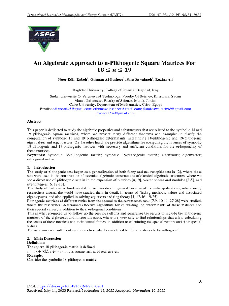 An Algebraic Approach To N-Plithogenic Square Matrices | PDF ...