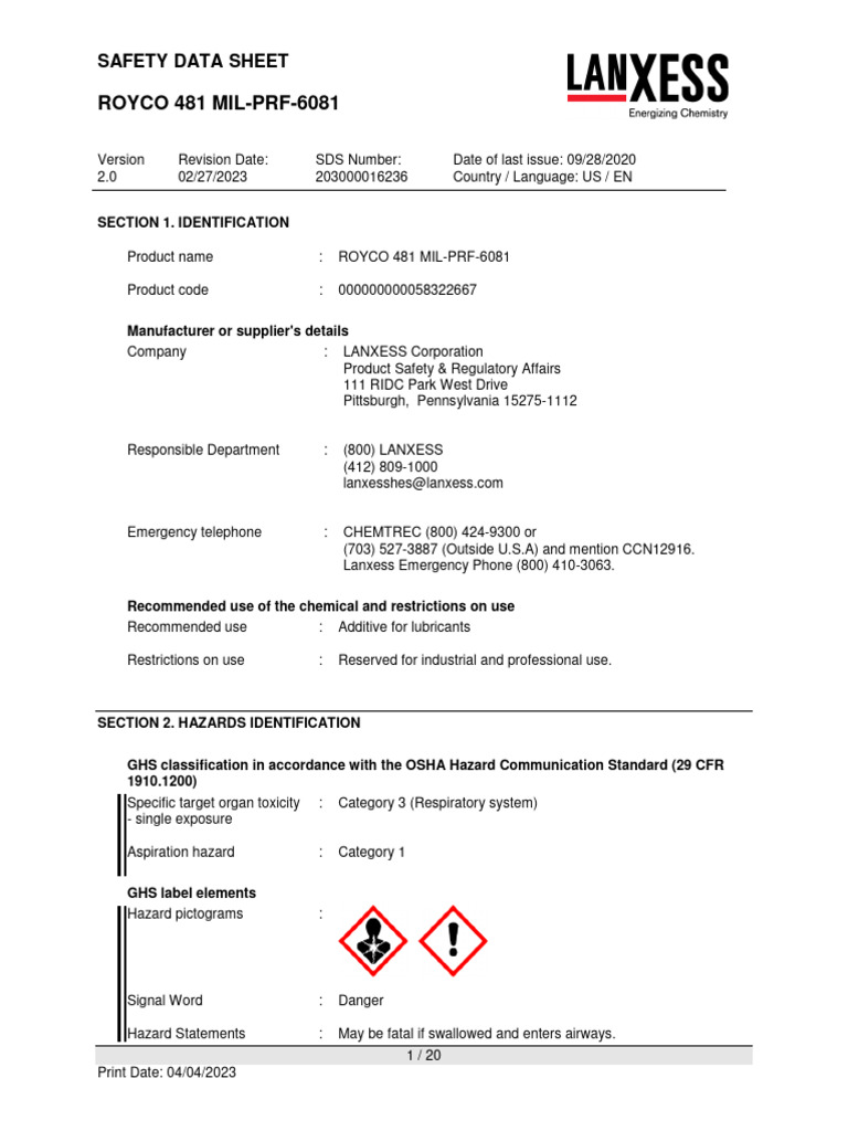 Royco 481 Safety Data Sheet | PDF | Occupational Safety And Health
