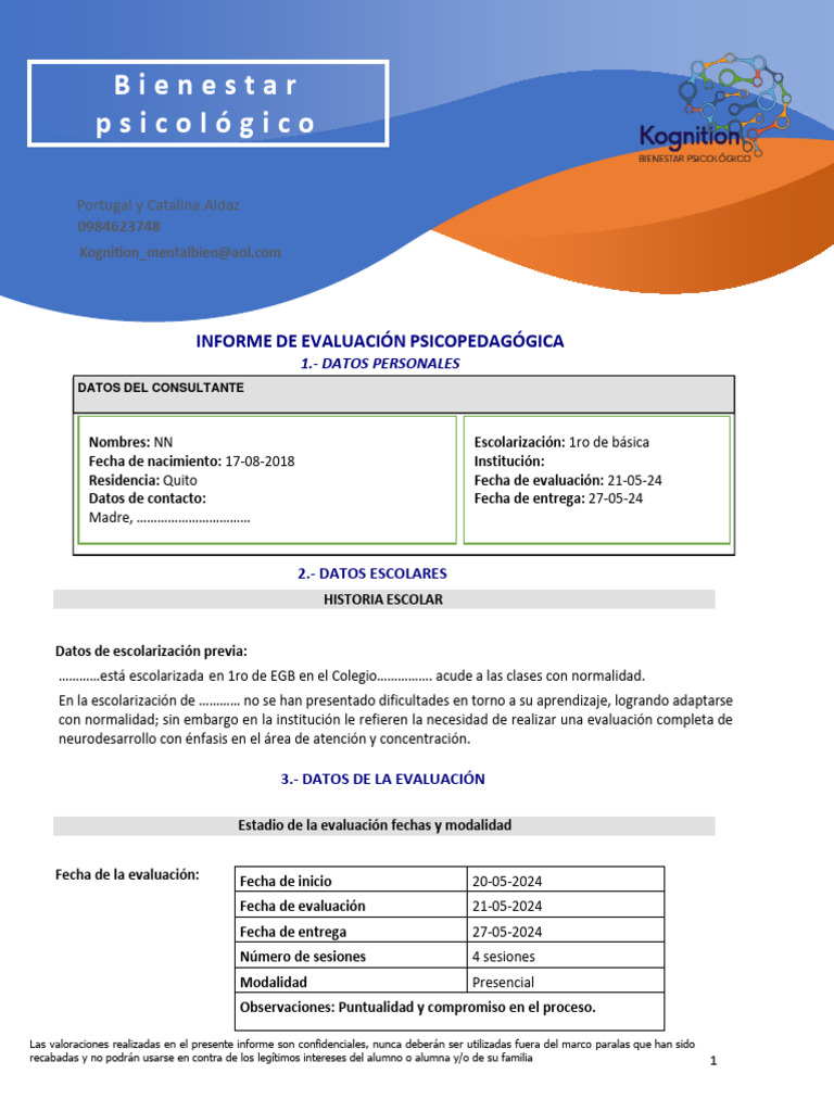 Informe Cognitivo de Evaluación Escolar | PDF | Las emociones | Memoria