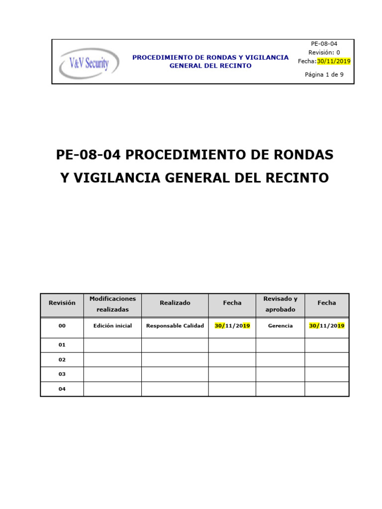 PE-08-04 Procedimiento de Rondas y Vigilancia Genera Del Recinto | PDF