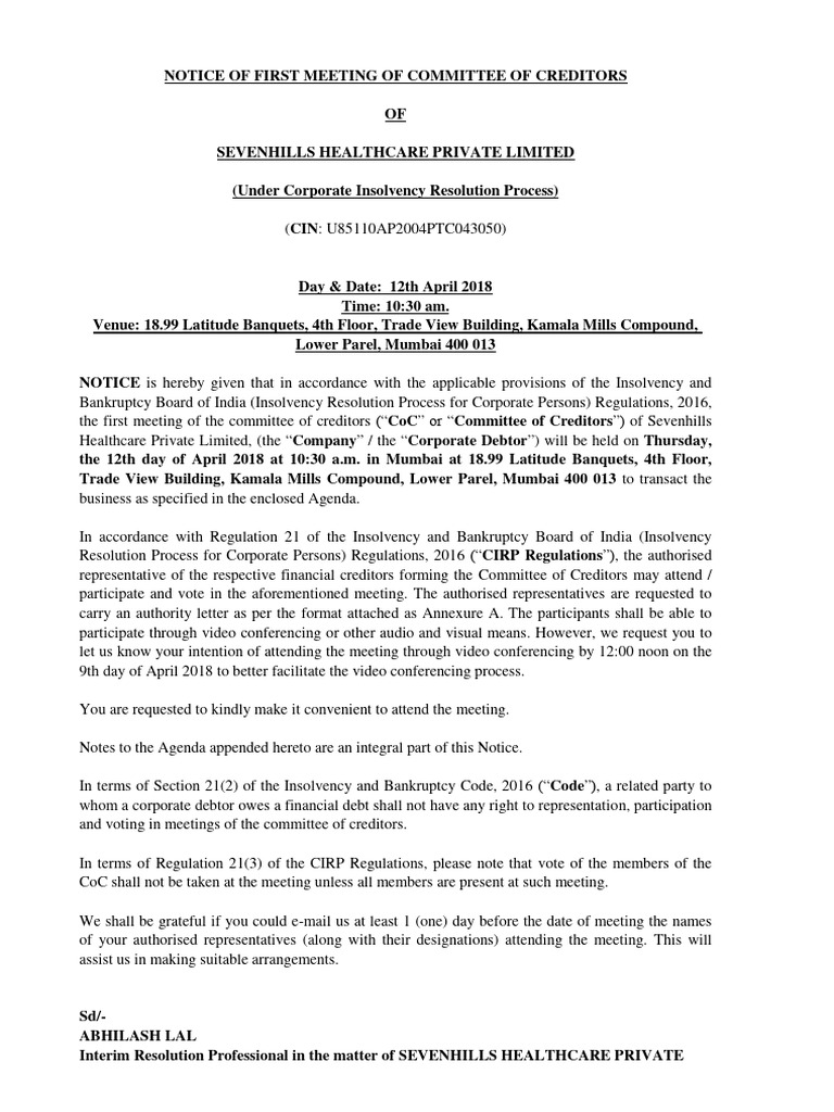 First Meeting Notice: Sevenhills Healthcare | PDF | Bankruptcy | Insolvency