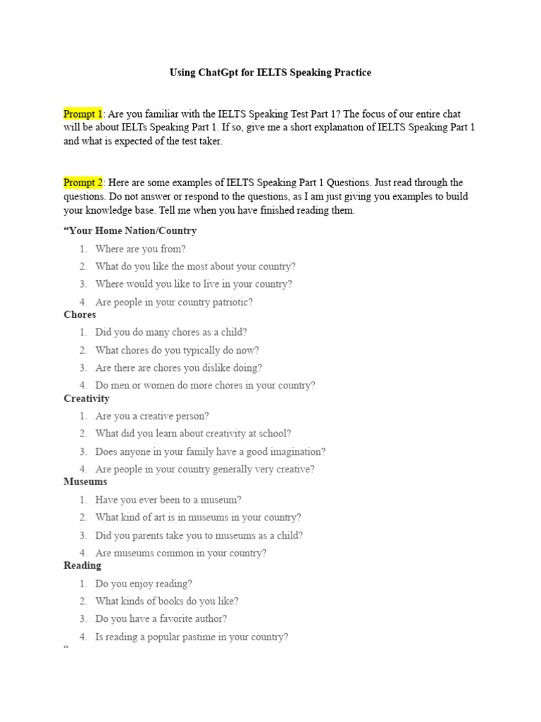 ChatGPT for IELTS Speaking Practice | PDF | International English ...