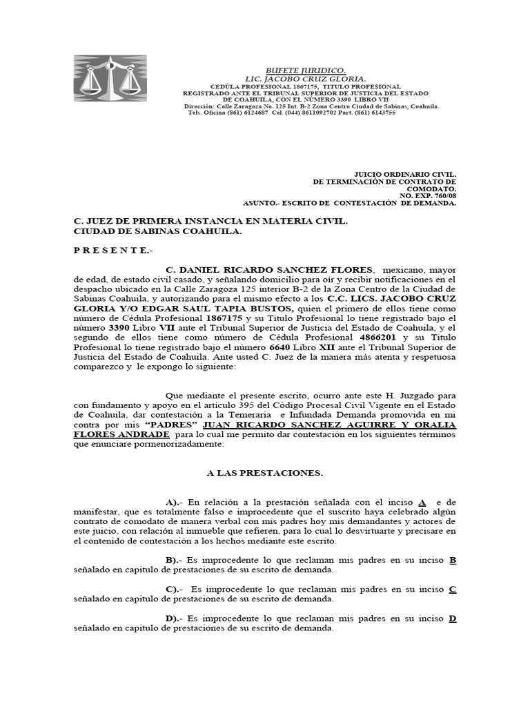 Contestación de Demanda Daniel. Contrato de Comodato. | PDF | Demanda ...