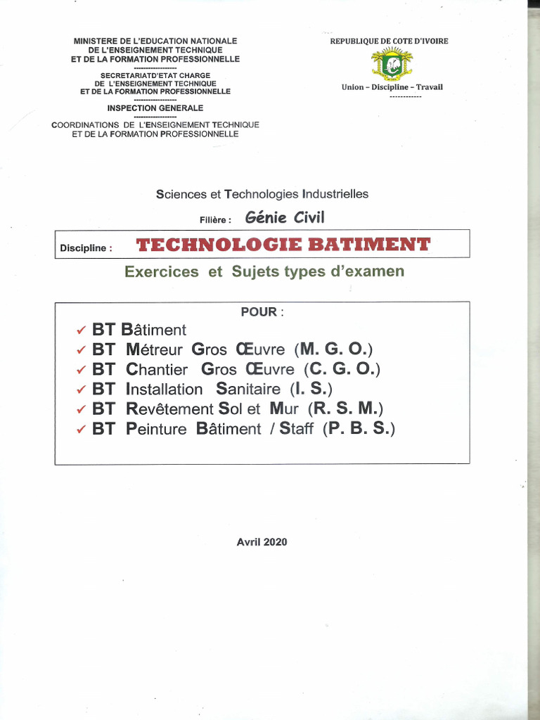 Exercices Et Sujets de Technologie Batiment 3a BT Batimemnt PDF