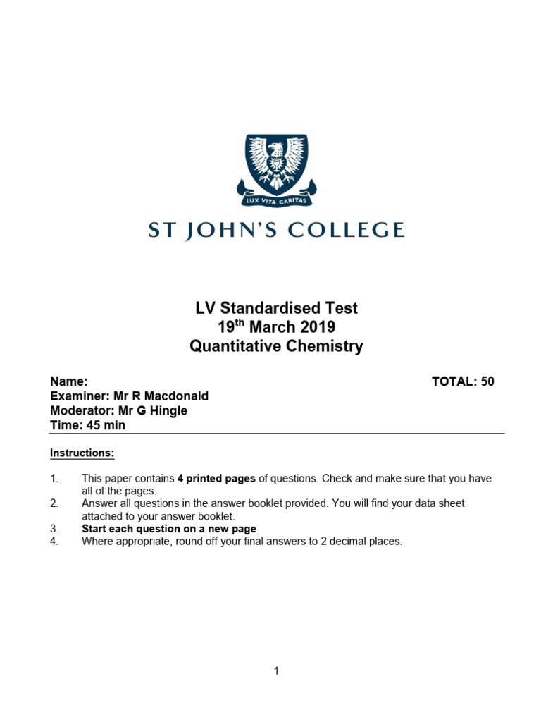 LV Quantitative Chem Test 2019 | PDF | Hydroxide | Aluminium