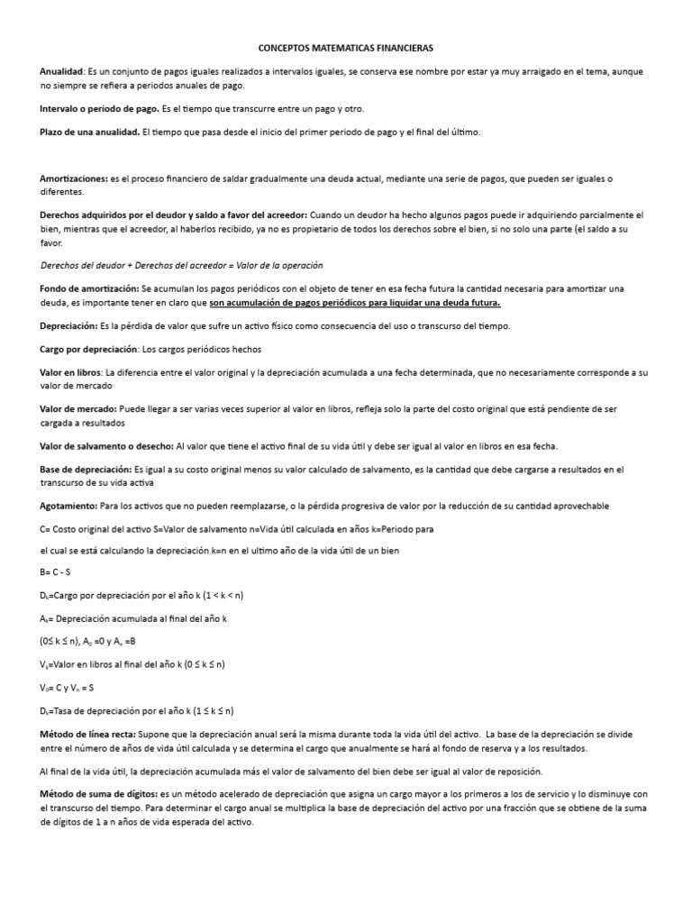 Conceptos Clave de Matemáticas Financieras | PDF | Depreciación | Pagos