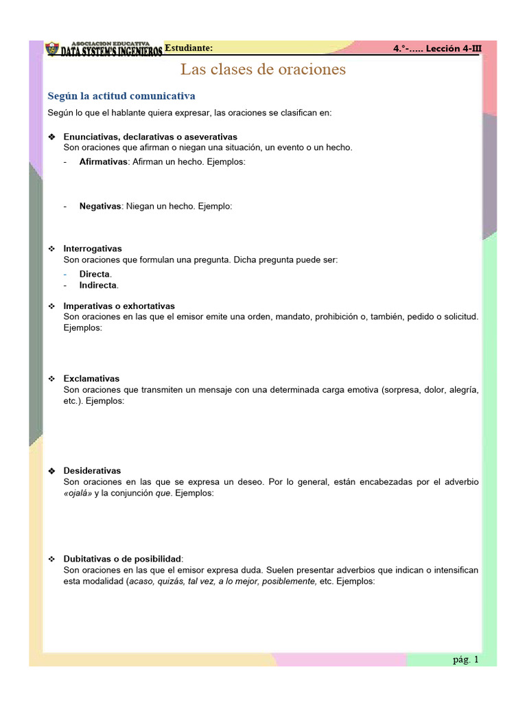 Clases de Oraciones y Ejemplos | PDF | Verbo | Oración (Lingüística)
