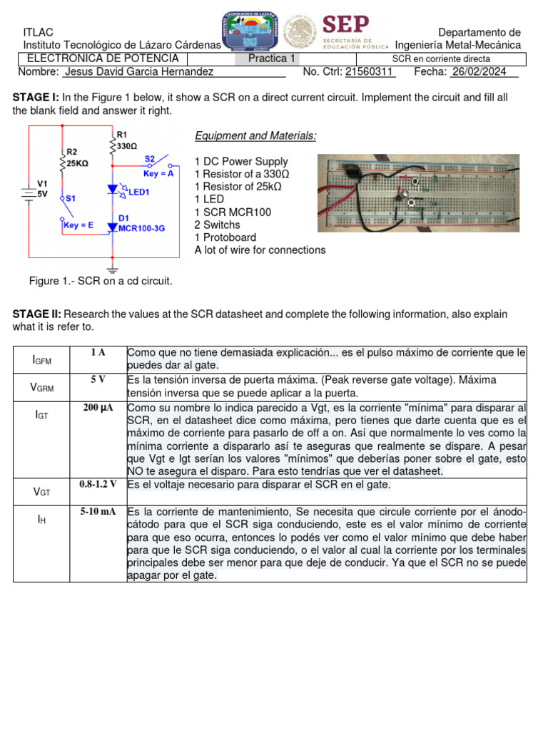 Práctica de SCR en Circuito DC | PDF | Ingeniería Electrónica | Electrónica