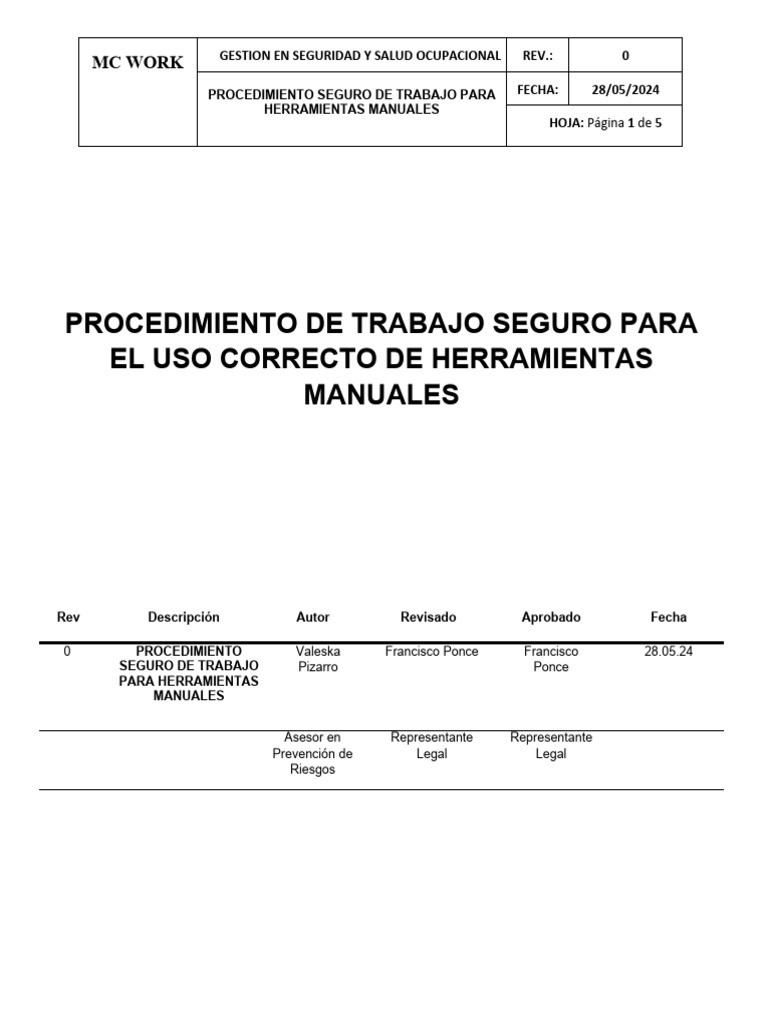 Procedimiento Seguro para Herramientas Manuales | PDF | Seguridad y ...