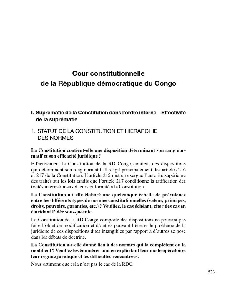 Suprématie de la Constitution en RDC | PDF | Constitution | Traité