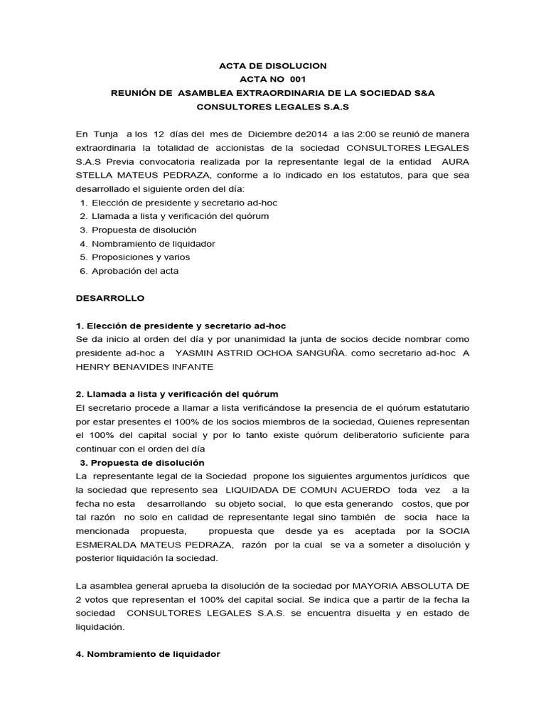 Acta de Disolución CONSULTORES LEGALES SAS | Descargar gratis PDF ...