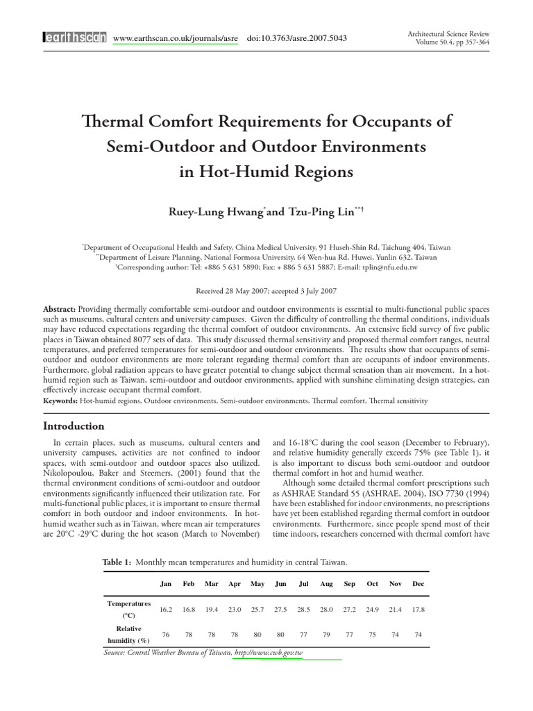 Thermal Comfort in Hot-Humid Outdoor Spaces | PDF | Thermodynamics ...
