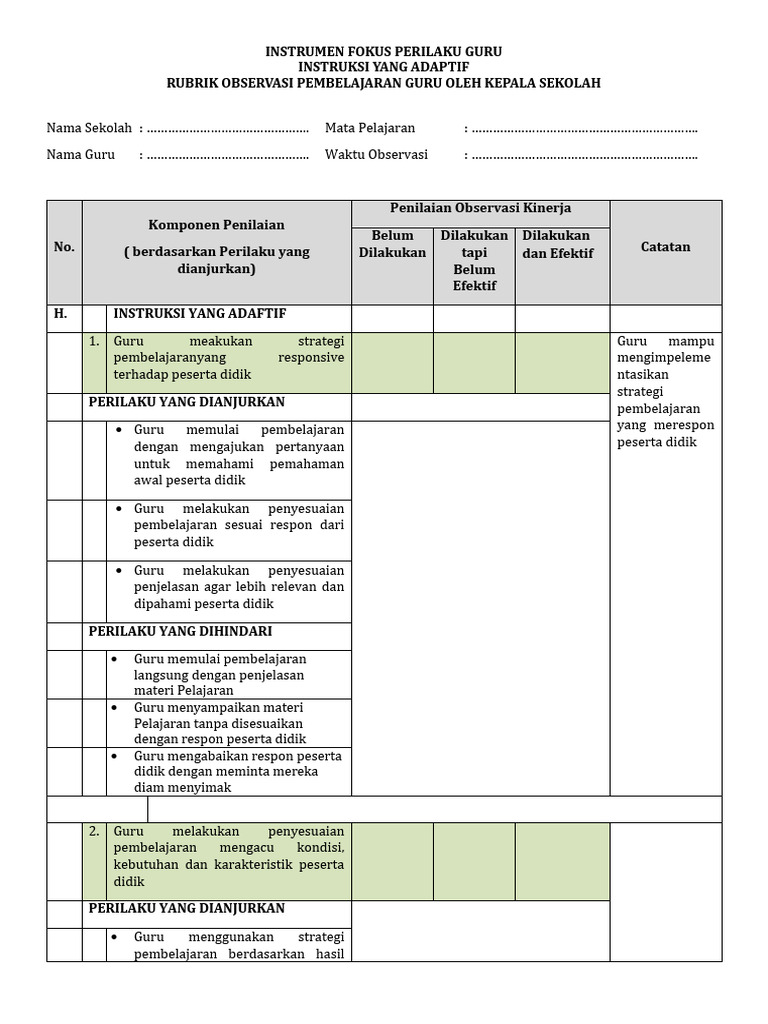H. Instrumen Fokus Perilaku Guru Instruksi Yang Adaptif | PDF