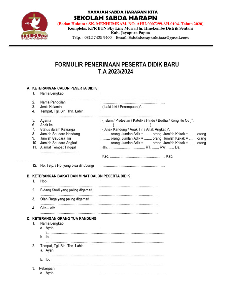 Formulir Penerimaan Peserta Didik Baru Pdf