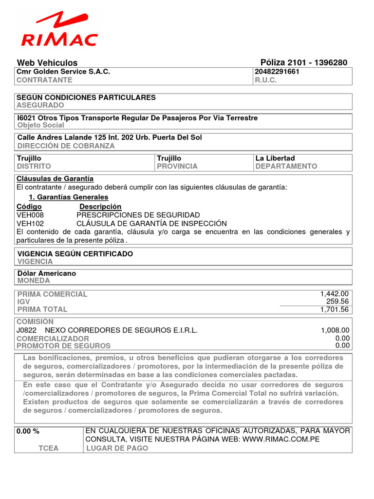 CMR Golden Service S.A.C. - 04 Buses Scania - Rimac | PDF | Póliza de ...