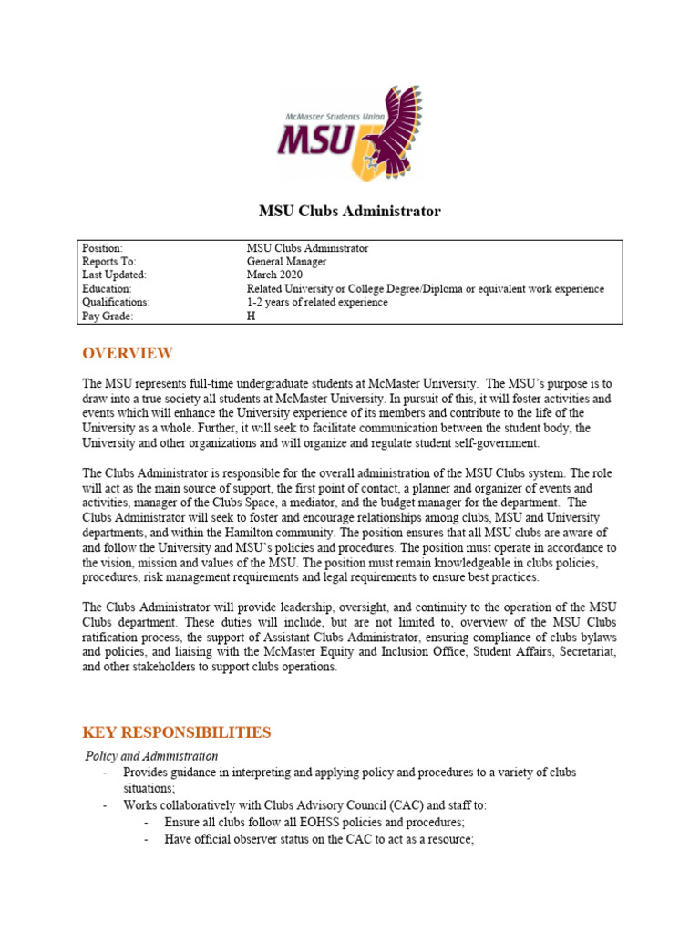 Job Description Clubs Administrator Final - 2020 | PDF | Occupational ...