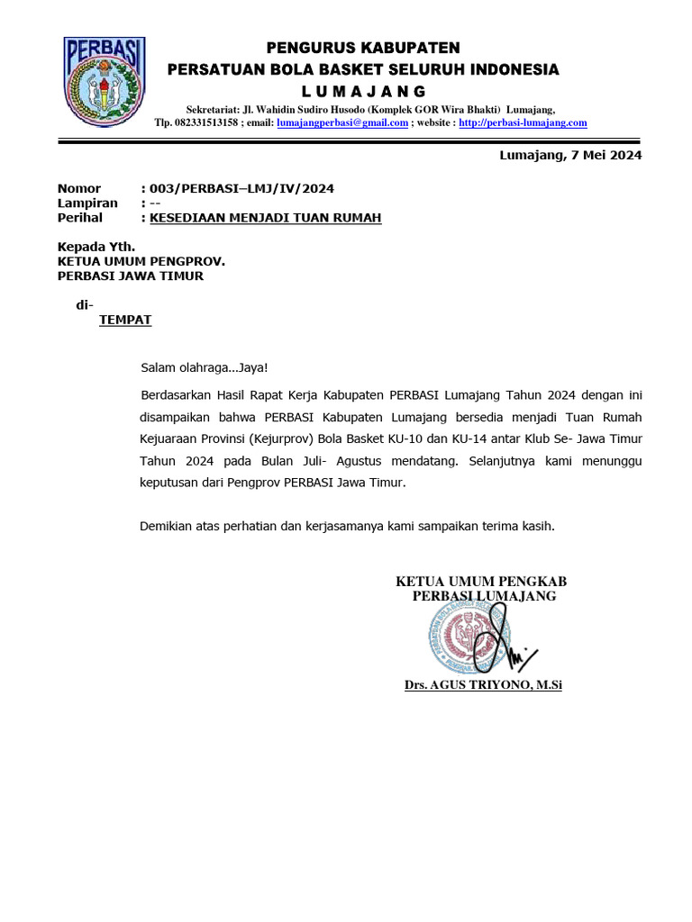 Contoh Surat Kesediaan Menjadi Tuan Rumah | PDF
