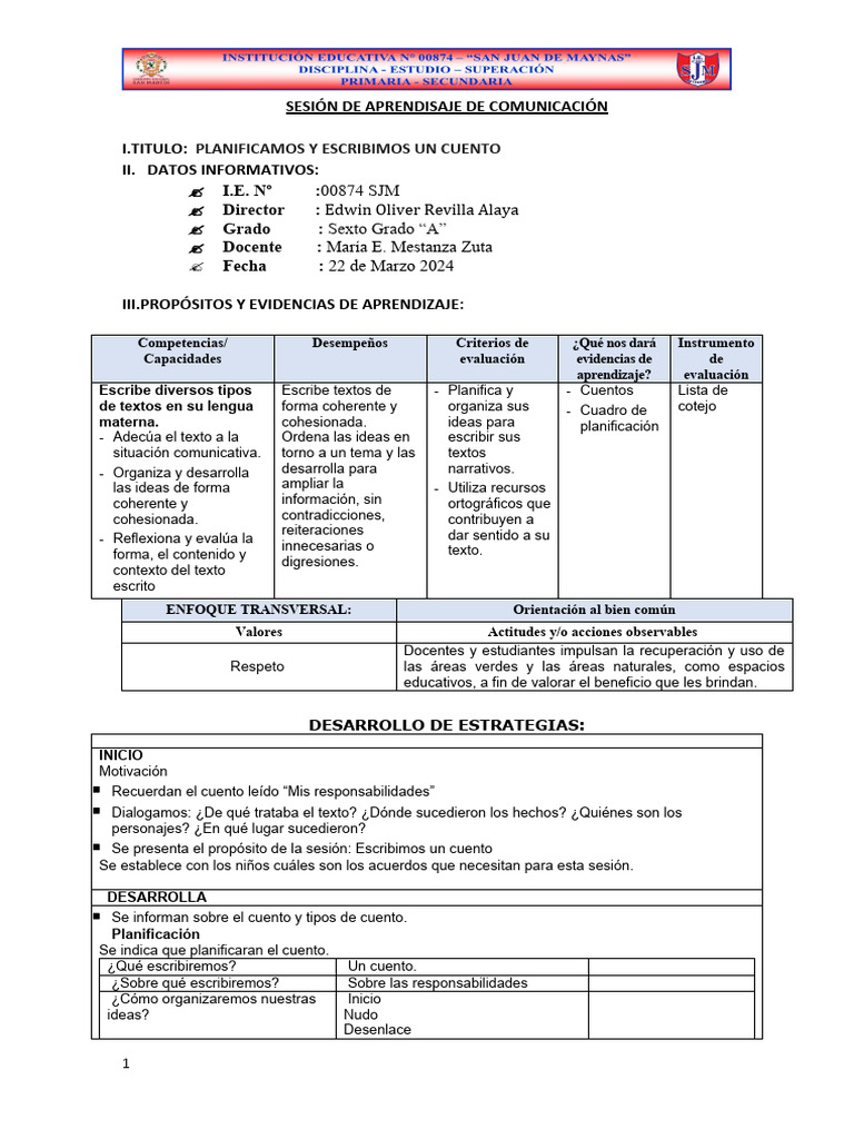 S Ap Planificamos Y Escribimos Un Cuento Pdf Cuentos Evaluación