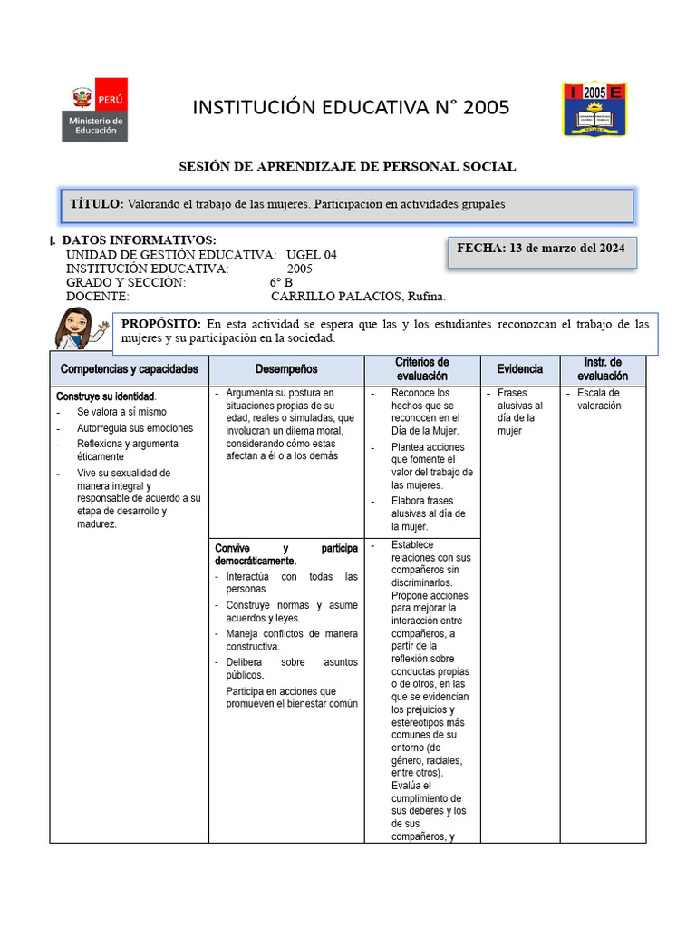 Sesion Personal Social 6° Grado de Primaria | PDF | Mujer | Psicología ...