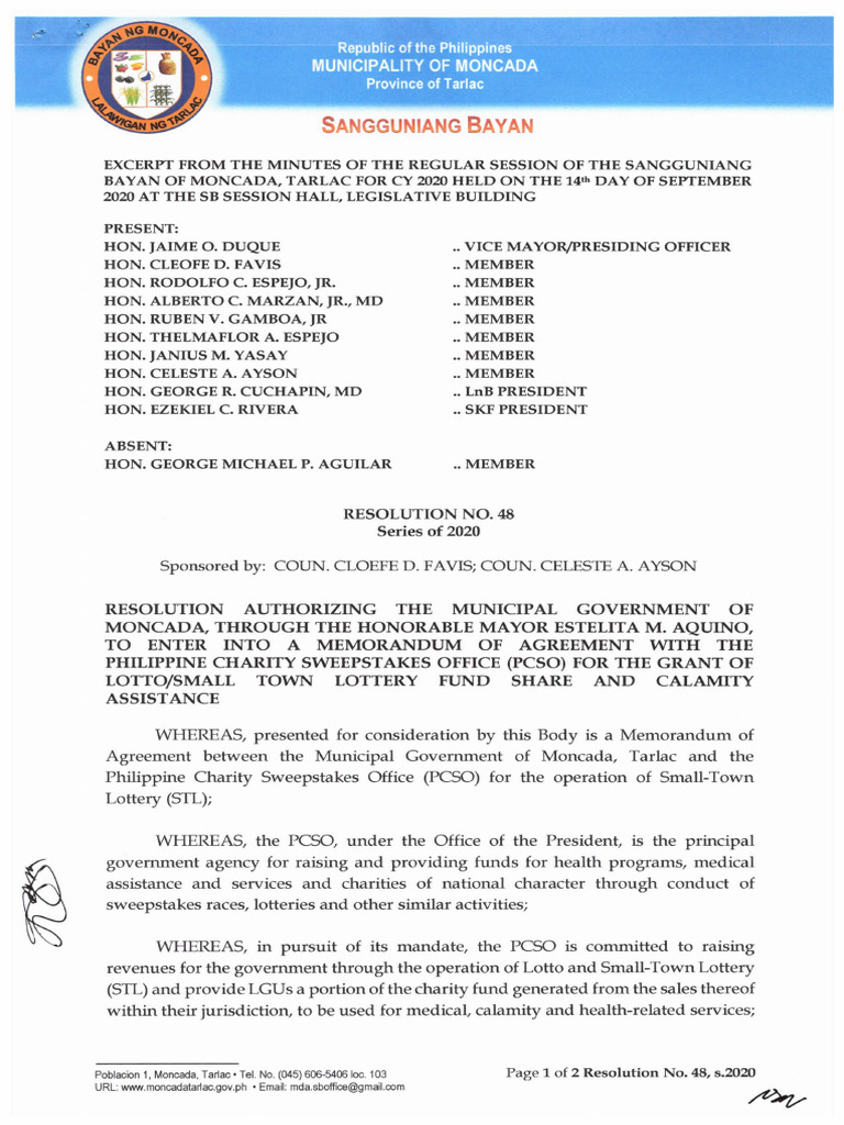 Resolution 48 2020 Moa Pcso For The Grant of Lottosmall Town Lottery ...