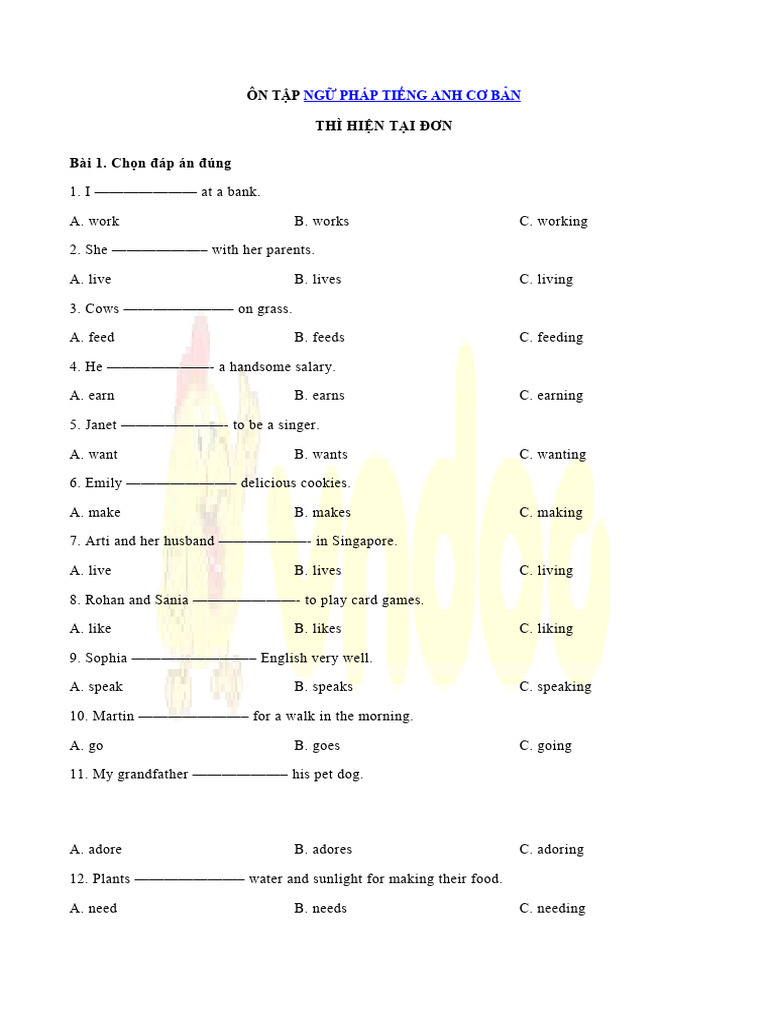Bai tap thi hien tai don co dap an pdf