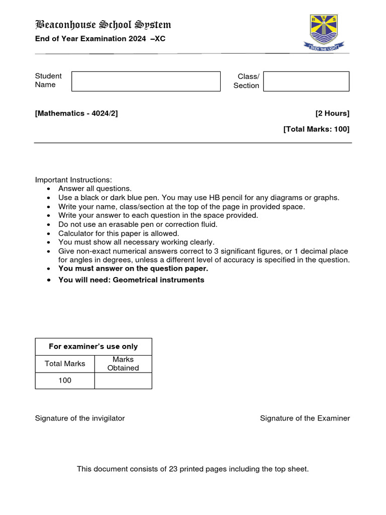 Beaconhouse 2024 Mathematics Exam Paper | PDF | Area | Sphere
