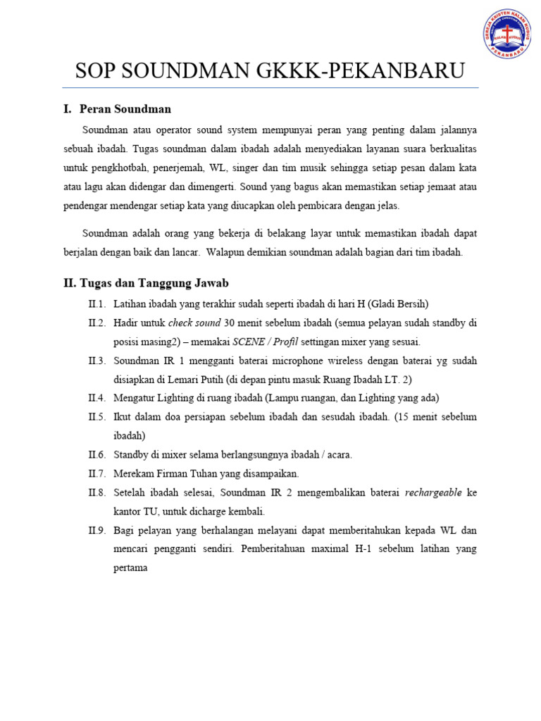 Tugas dan SOP Soundman GKKK Pekanbaru | PDF