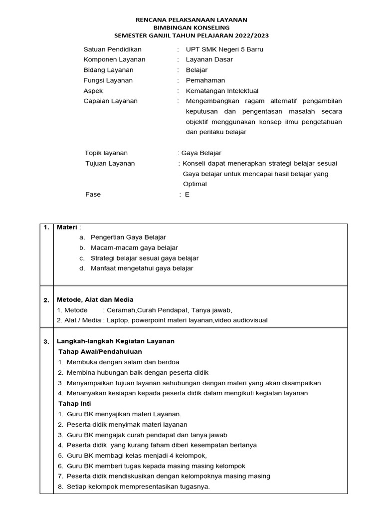 Rencana Layanan Gaya Belajar BK | PDF
