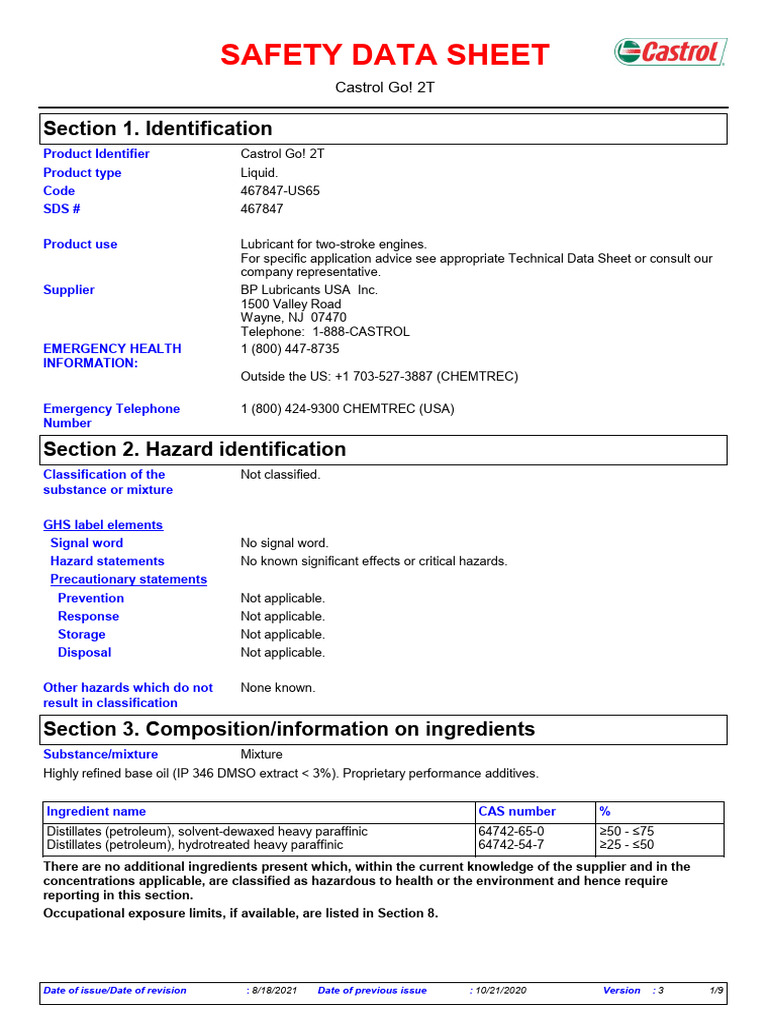 Castrol Go! 2T Safety Data Sheet | PDF | Chemistry