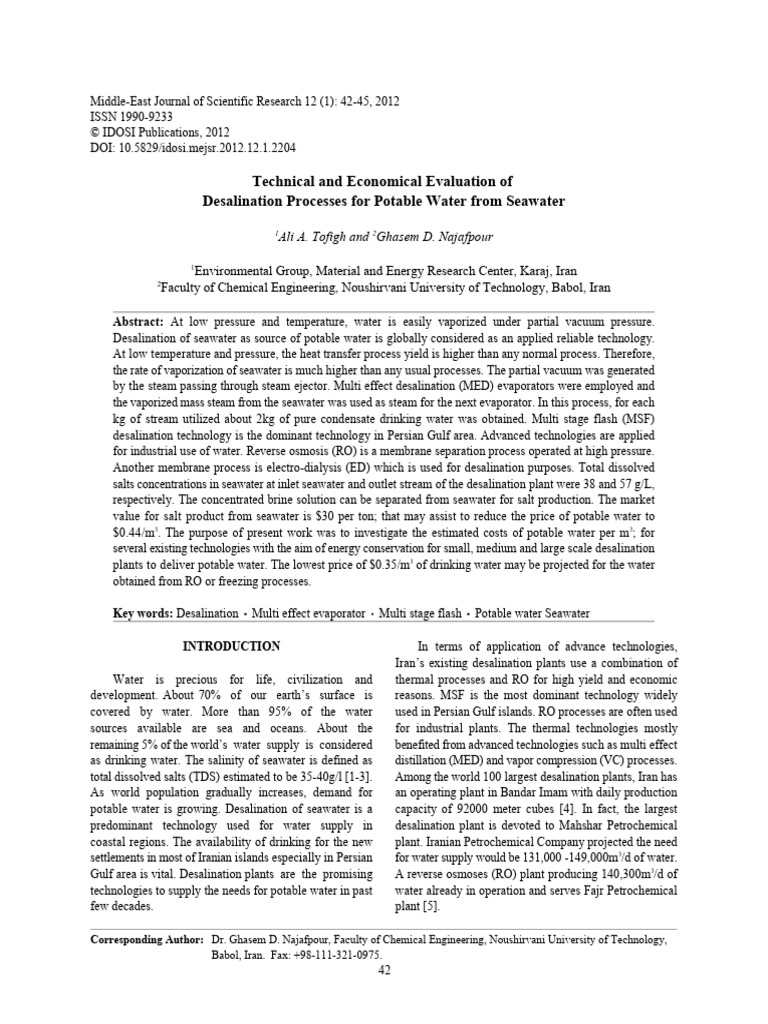 Technical and Economical Evaluation of Desalination Processes For ...