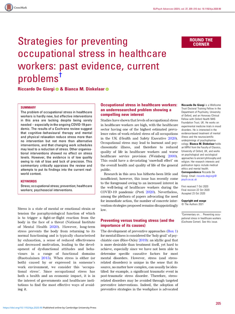 Strategies for preventing occupational stress in healthcare workers