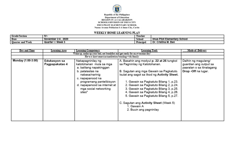 Esp 4 Work Plan q1 Week 5 | PDF