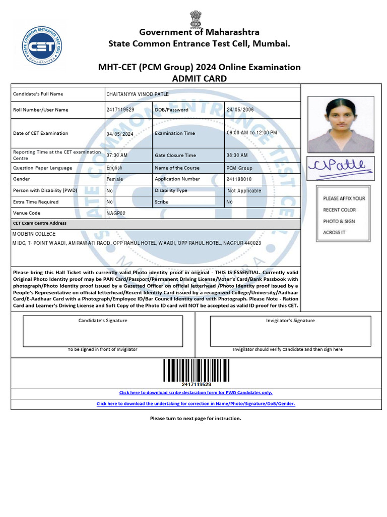 Government of Maharashtra State Common Entrance Test Cell, Mumbai. MHT